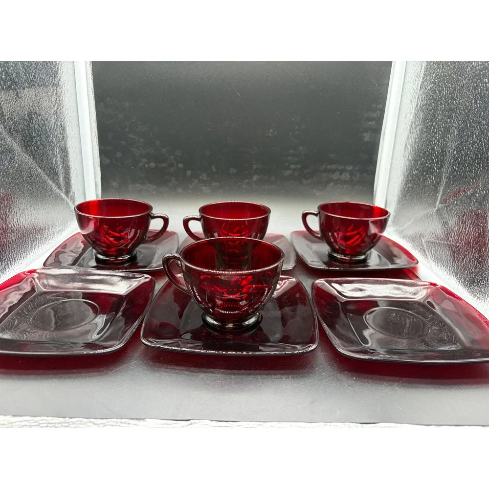 Vintage Anchor Hocking Royal Ruby Red Glass Tea Cups & Square Saucers Set of 10